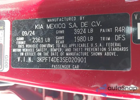 2025 Kia K4 Lxs из США, поврежденный, VIN 3KPFT4DE3SE020901